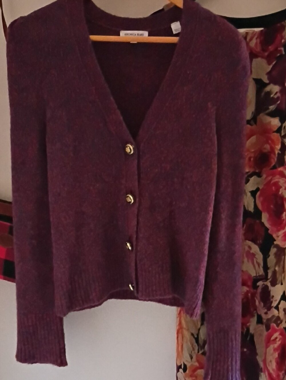 Veronica Beard Plum Marled V-Neck Cardigan with Gold Buttons